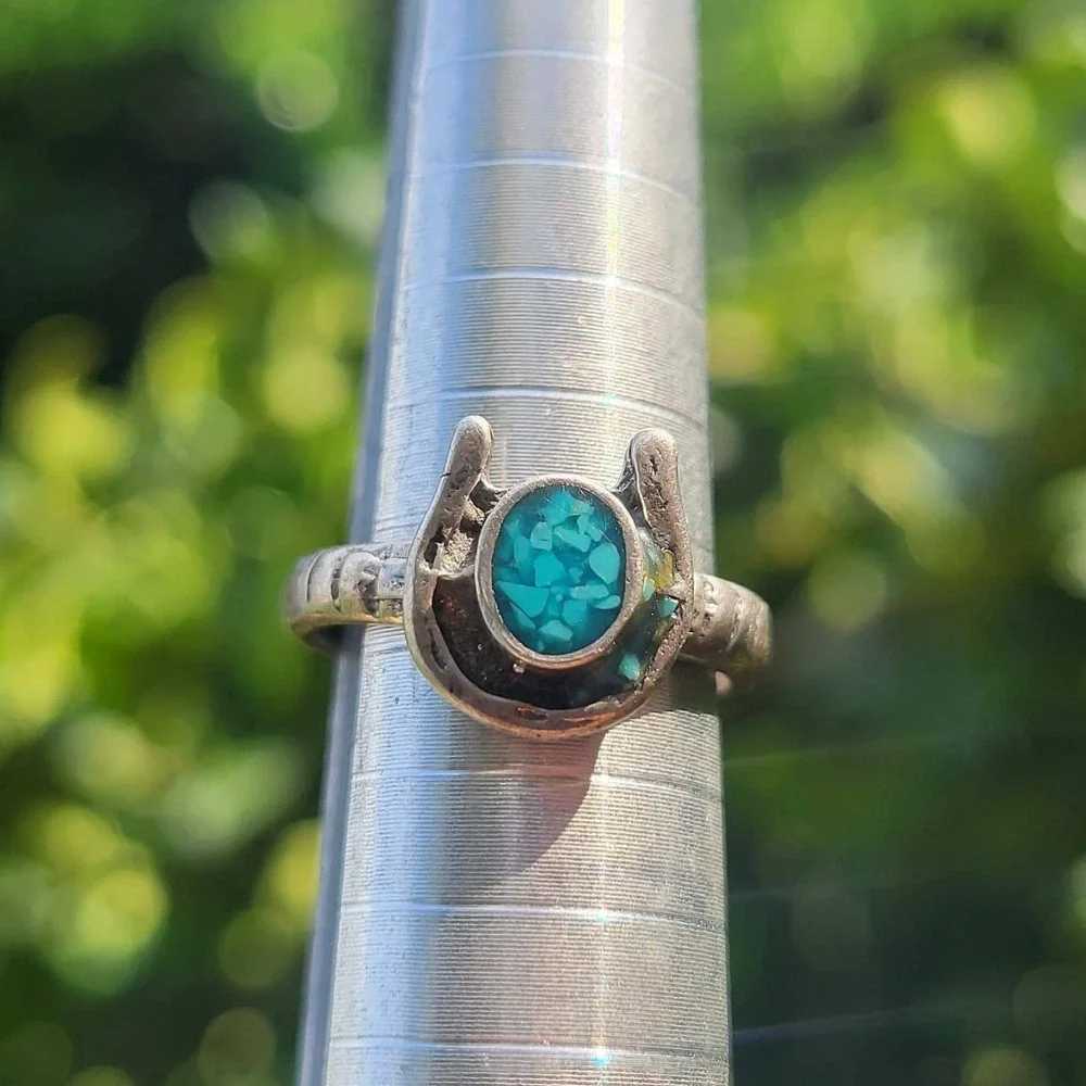 Vintage Silver Tone Faux Turquoise Chip Ring Size 4.75 Blue Western Lucky